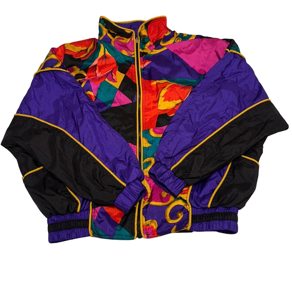 East West Vintage 80s 90s Windbreaker Jacket Abstract Floral Multi Color Small